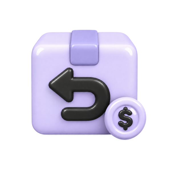 Lavender return parcel and coin with a dollar symbol
